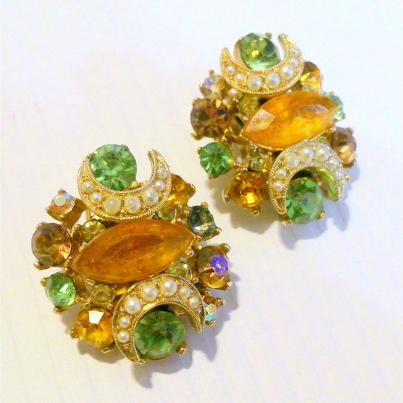 Gold Tone Orange Green Rhinestone and Faux Pearl Cluster Clip Earrings - Picture 1 of 4